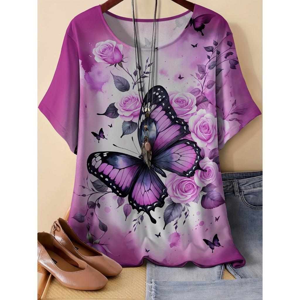 Summer Round Neck 3D Flower Pattern Print Top Fashionable Casual Short Sleeved Women's T-shirts