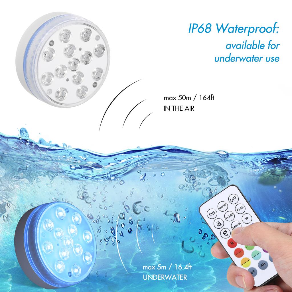 Tomshine 13 LEDs Underwater Pool Lights with RF Remote Control Battery-operated RGBW 16 Colors