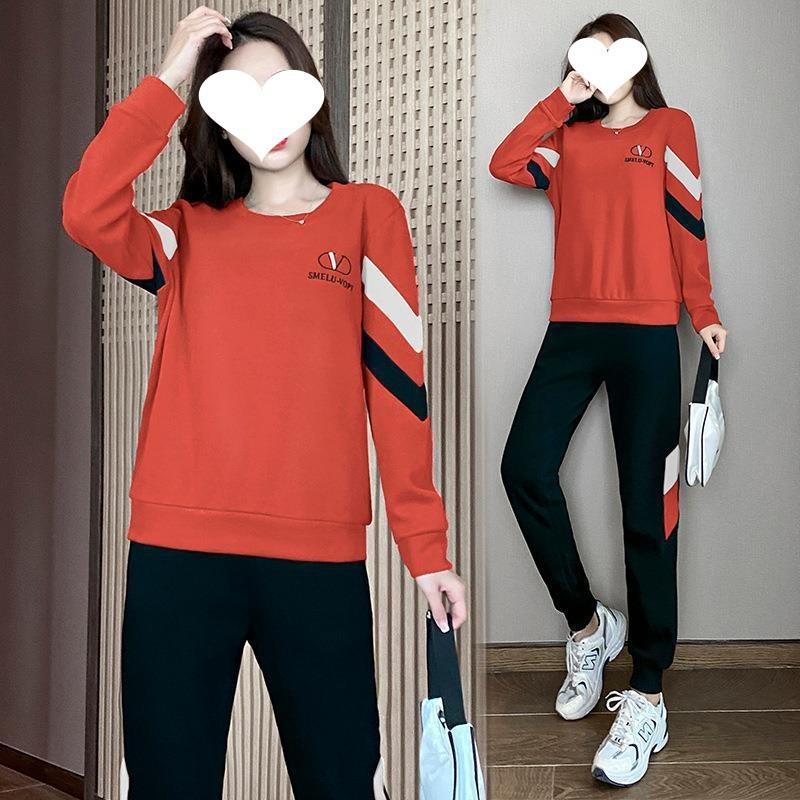 Round Neck Sports Suit for Women, Spring and Autumn Korean Style Fashionable Loose Sweatshirt, Western Style Casual Wear Two-piece Set
