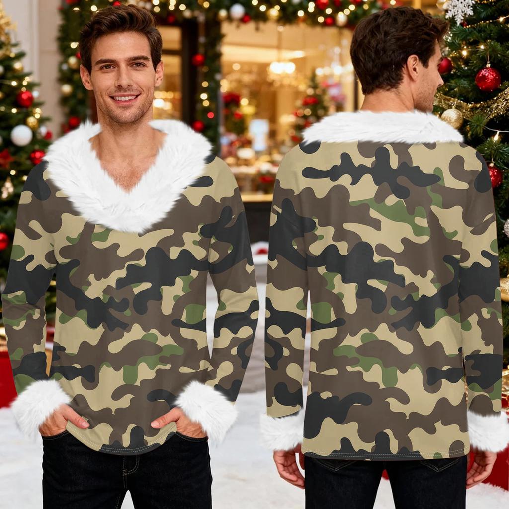 Men's Christmas Printed Fleece Lined Hoodie | Faux Trim Party Sweatshirt With Pocket | Plus Size Loose Fit Holiday Pullover