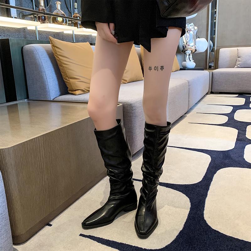 Fashion Vintage Thigh Boots Women's Autumn New Square Toe Spliced Suede Over Knee Soft Sole Block Heel Stack Boots