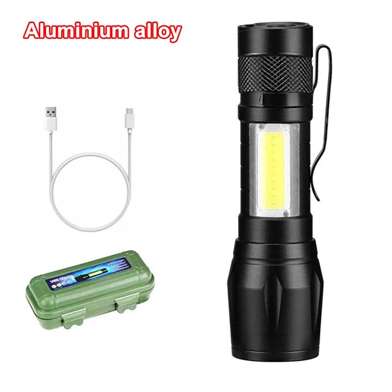Mini LED Flashlight COB+XPE Portable Torch USB Charging Camping Lantern Zoomable Focus Light Tactical Flashlight with Pen Clip