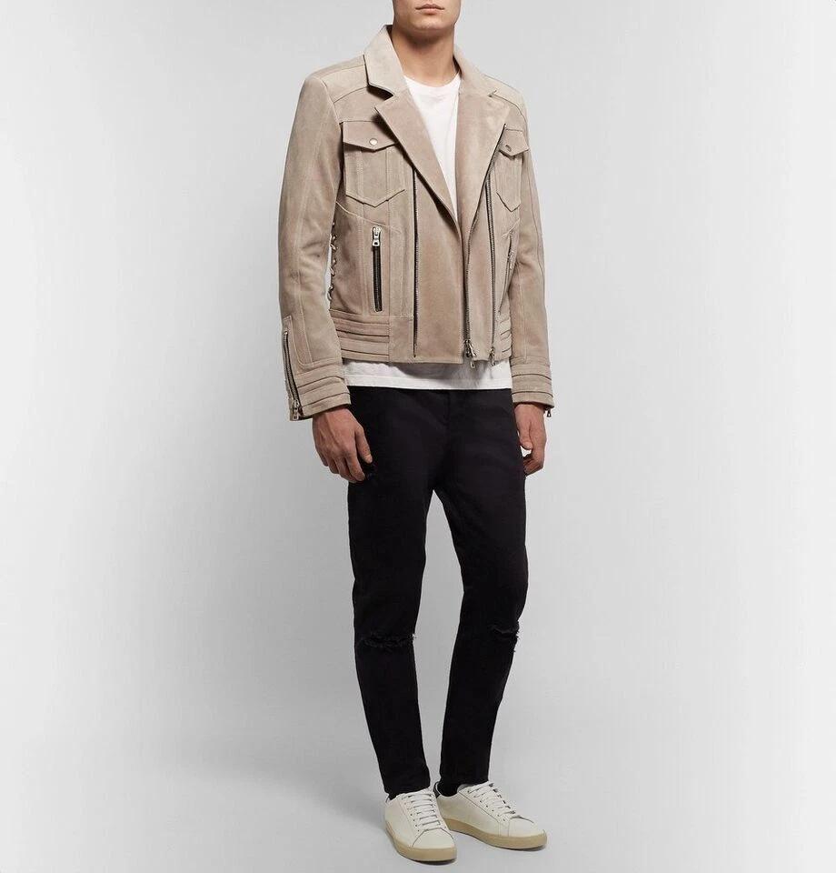 Zip Lambskin Suede Men's Beige Genuine Handmade Motorcycle Leather Jacket Biker