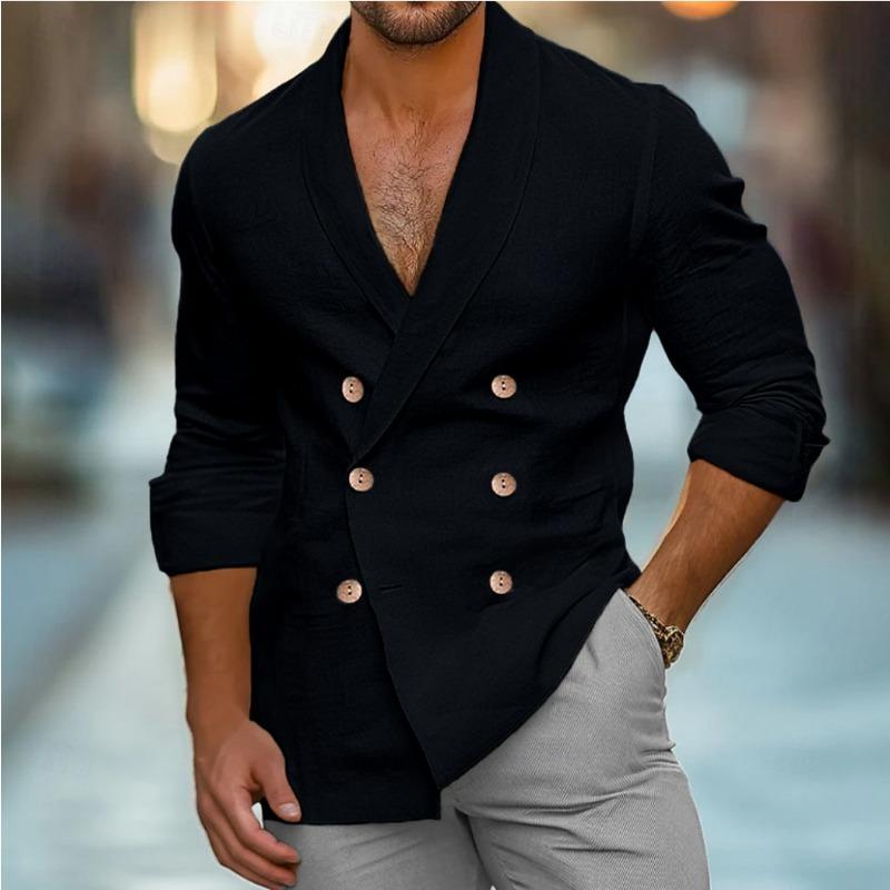Herren Freizeit Zweireihig Langarm Einfarbig Baumwoll-Leinen-Mischung Blazer L schwarz