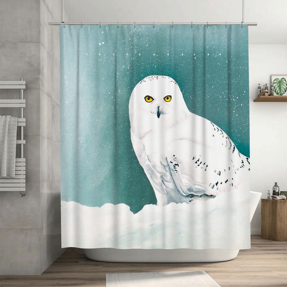 Winter Snow Owl Bathing Set White Waterfall Print Shower Curtain for Bathroom Decor Home Decoration Waterproof Fabric with Hooks