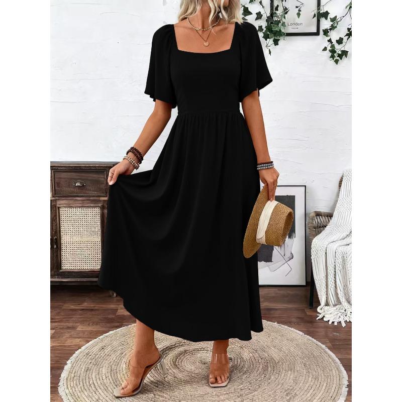 JPNTKY Fashion Summer Spring Solid Color Print Square Collar Short Sleeve Casual Dresses