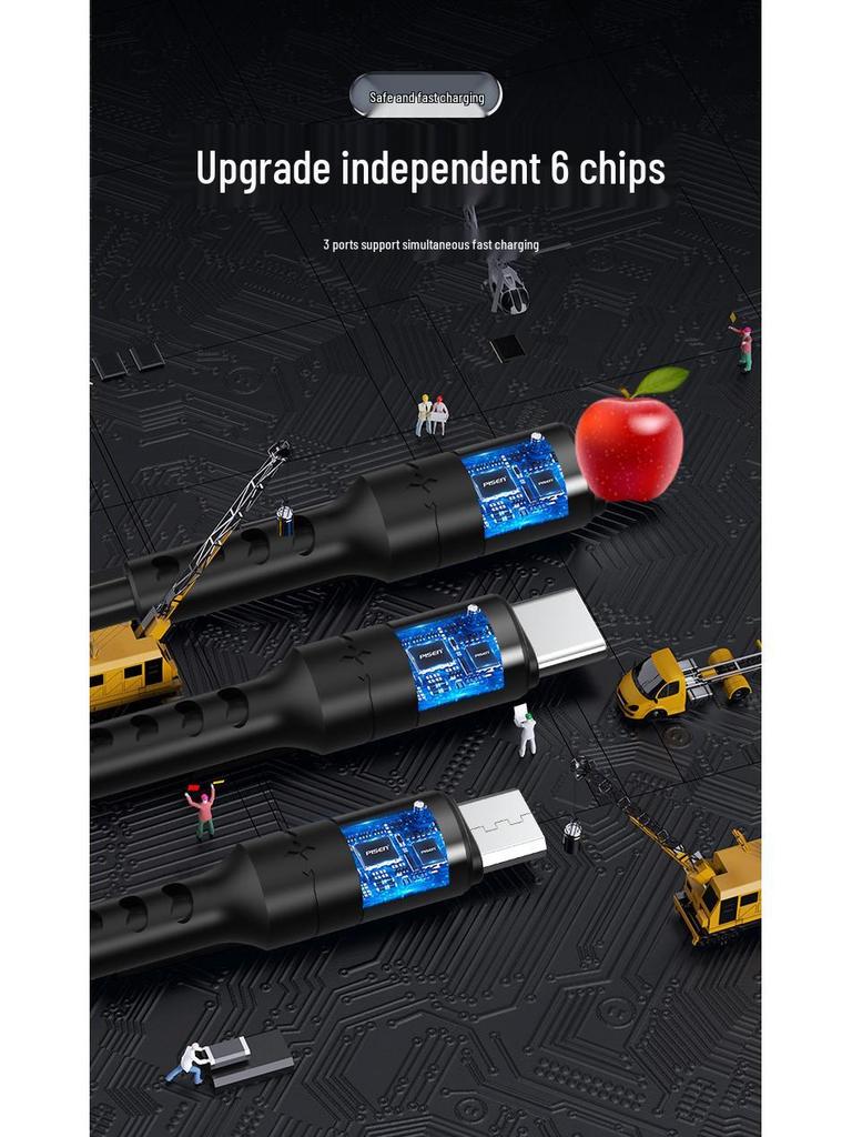 6A Retractable Multi-Device Super Fast Charging Cable with Three Connectors - Customizable Logo Option