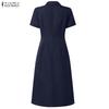 ZANZEA Women Casual Turn Down Collar Solid Color Short Sleeve Dress