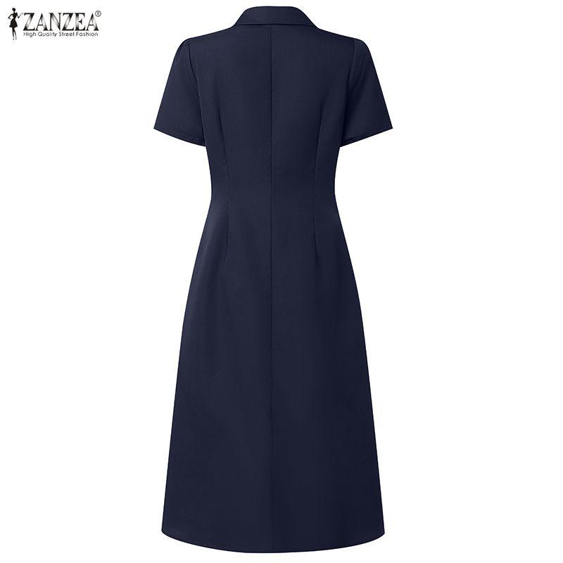 ZANZEA Women Casual Turn Down Collar Solid Color Short Sleeve Dress