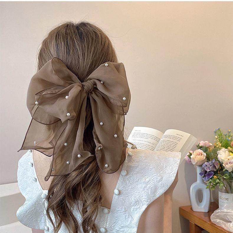Fermaglio per capelli con fiocco in raso nero: Elegante Molletta Grande per Coda di Cavallo da Donna