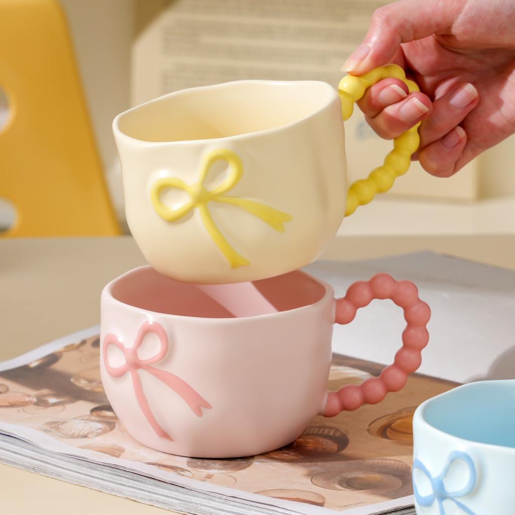Kreatywny kubek ceramiczny z kokardą, o wysokim wyglądzie, do domu, dla dziewcząt, w pudełku prezentowym, lekki luksus, wysoka jakość, kubek do wody