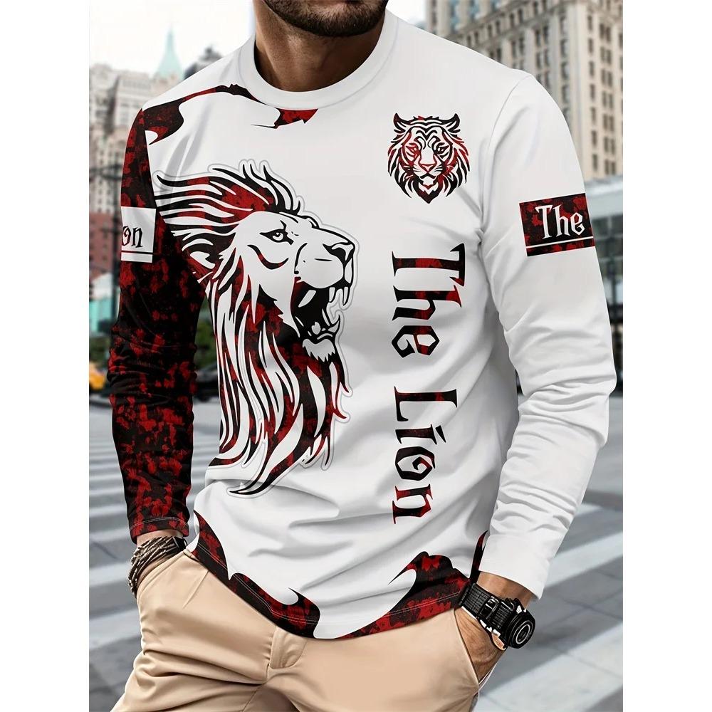 Spring and Autumn Round Neck Animal Pattern 3D Printed Top Fashionable Casual Long Sleeved Men's T-shirts