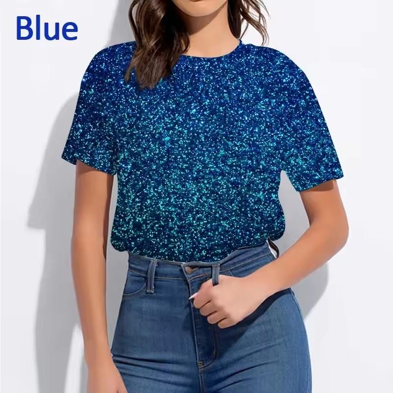 Color Glitter Pattern 3D Printing Women Diamond Fashion Summer Casual T-shirt Short Sleeves Pullover Oversized Y2K Streetwear