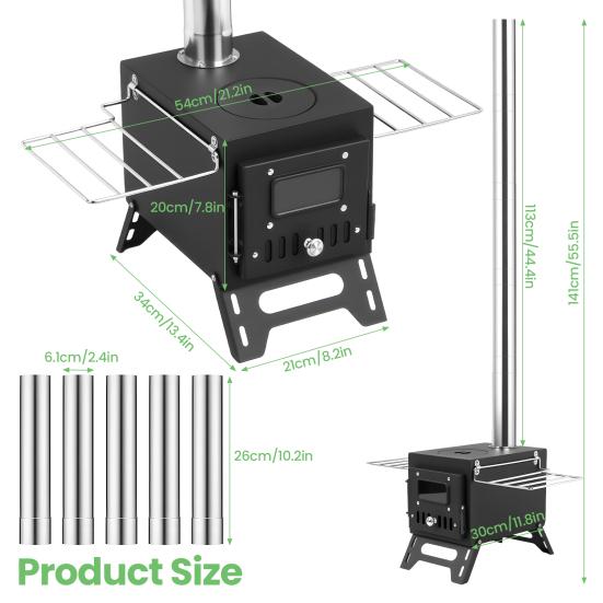 Wood Burning Stove with 5 Pipes Accessories, Large Firebox Heating Cooking Hot Tent Stove, Portable Stainless Steel Stove for Outdoor, Camping,