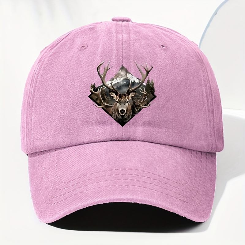 Men Women Vintage Elk Print Trucker Hat Adjustable Soft Top Baseball Cap with Elk Antler Washed Suitable for Outdoor Fis