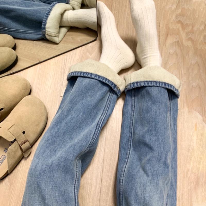 Melanoid Brown High Waist Wide-Leg Jeans for Women - Autumn/Winter Velvet Lined Floor-Length Pants