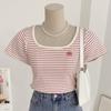 Honey J Women Rumilder Embroidered STriped Square Neck ShorT Sleeve T shirT 4col
