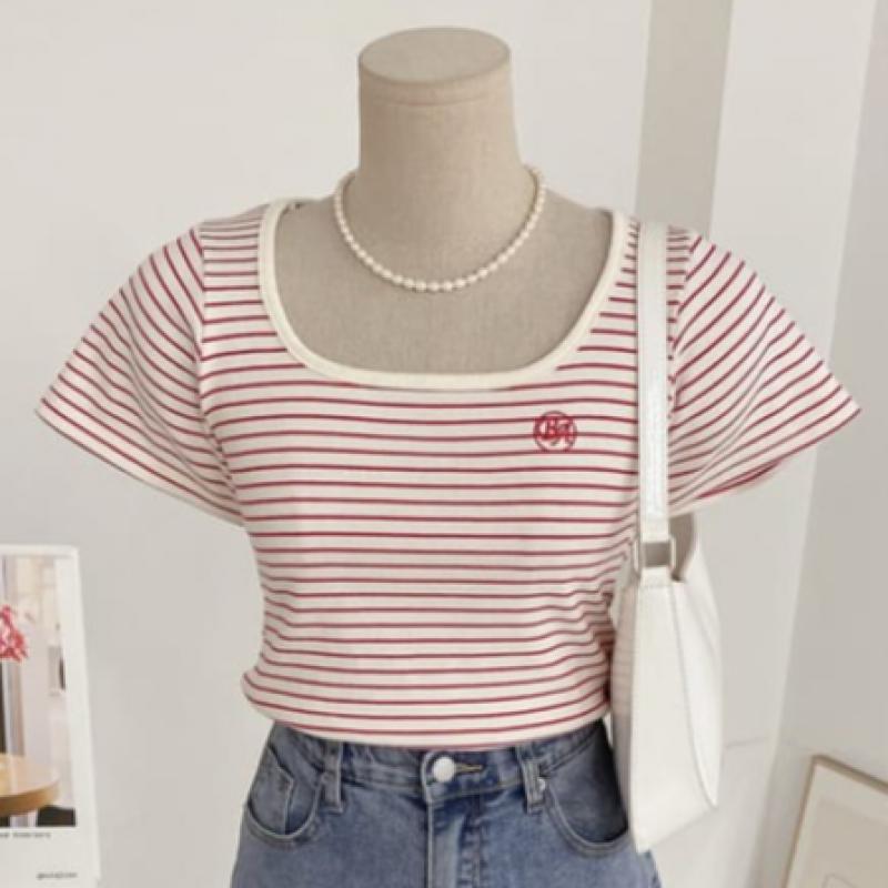 Honey J Women Rumilder Embroidered STriped Square Neck ShorT Sleeve T shirT 4col