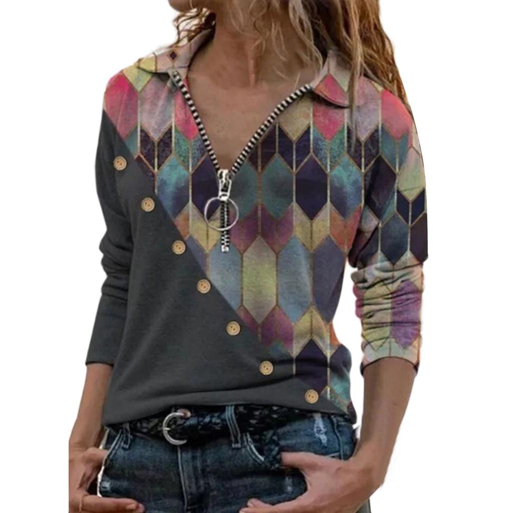 Women Button Print Shirts Pile Turn-Down Tops Fashion T-shirt