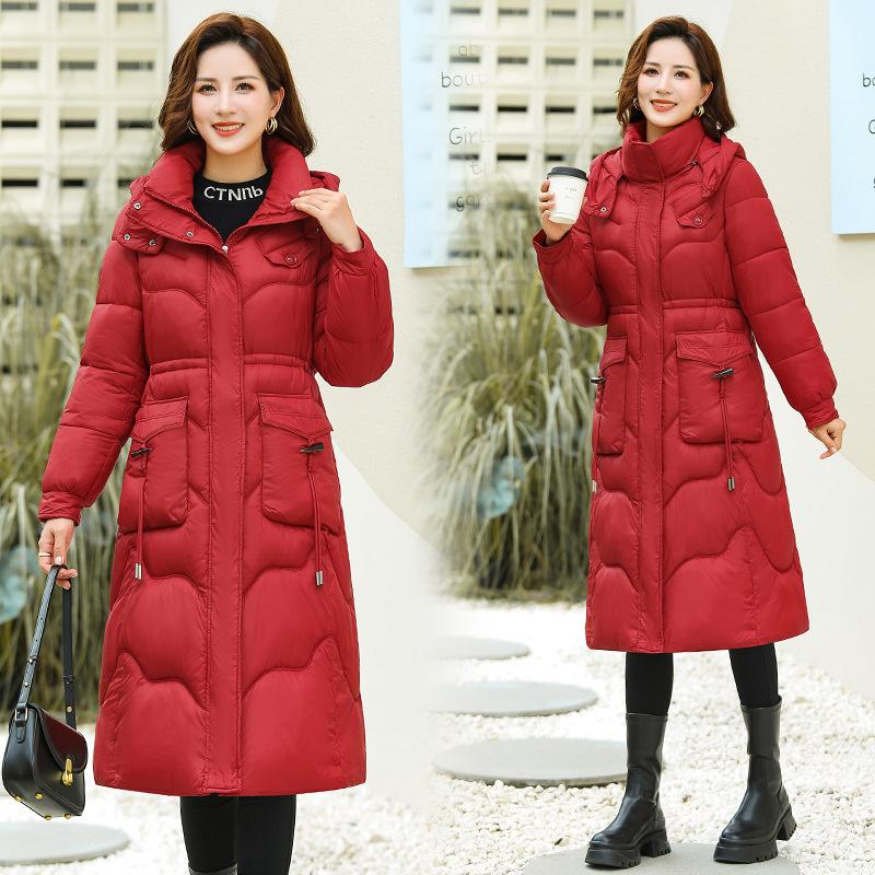 Winter Padded Down Cotton-padded Jacket Long Over-the-knee Fashion Hooded Slim Cotton-padded Jacket Women's Plus Size Cotton-padded Jacket