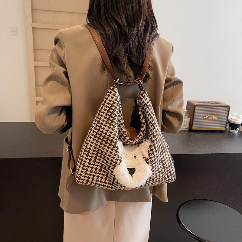 Large-capacity commuter bag women's 2025 new cute cartoon multi-functional backpack plaid shoulder tote women's bag