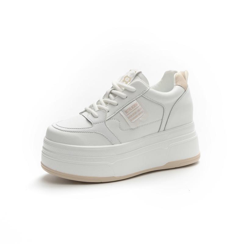 Genuine Leather Shoes Women Fashion Sneakers Flat Platform Brand Ladies Casual Shoes Height Increasing 7cm Black White