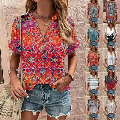 Spring and Summer Casual Women's Wear European and American Top Flower Print Twist Button Fashion Short Sleeve Top Loose Women's Wear