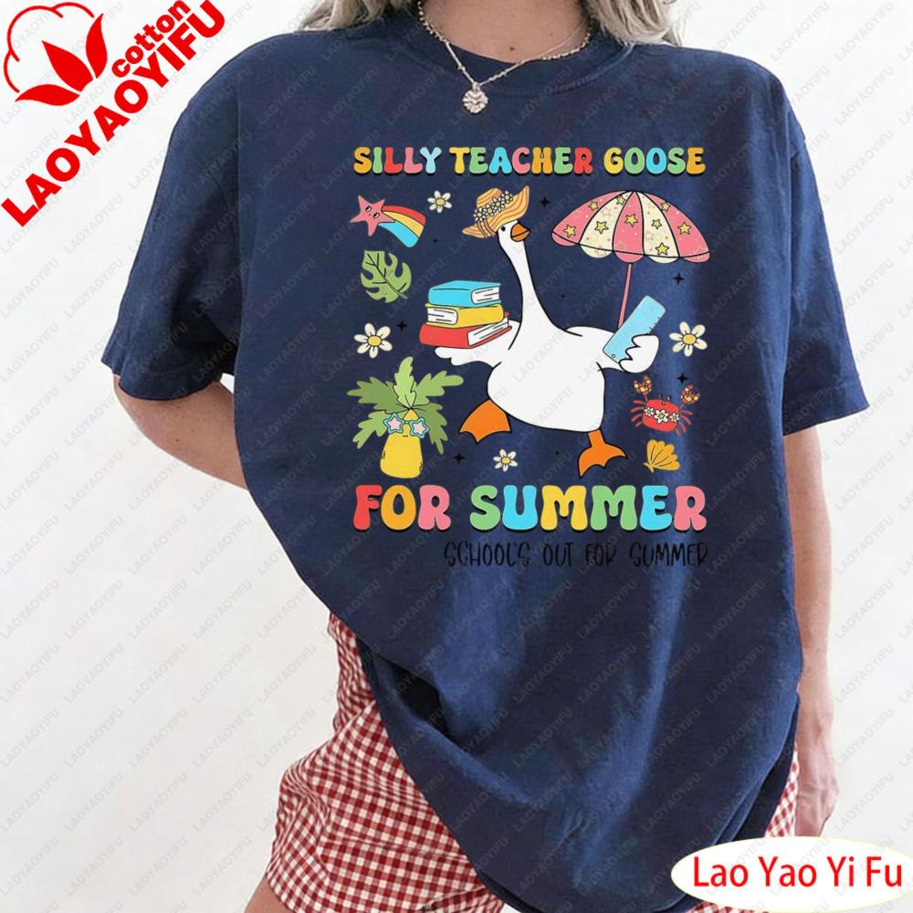 Cute Cartoon Duck Printt Shirt Colorful Graphic Print Tops Silly Teacher Goose on The Loose Summer Clothes Streetwear