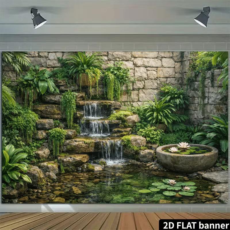 Sfondo Fotografico Banner Cascata Serena Stagno Muro di Pietra Vegetazione 2D