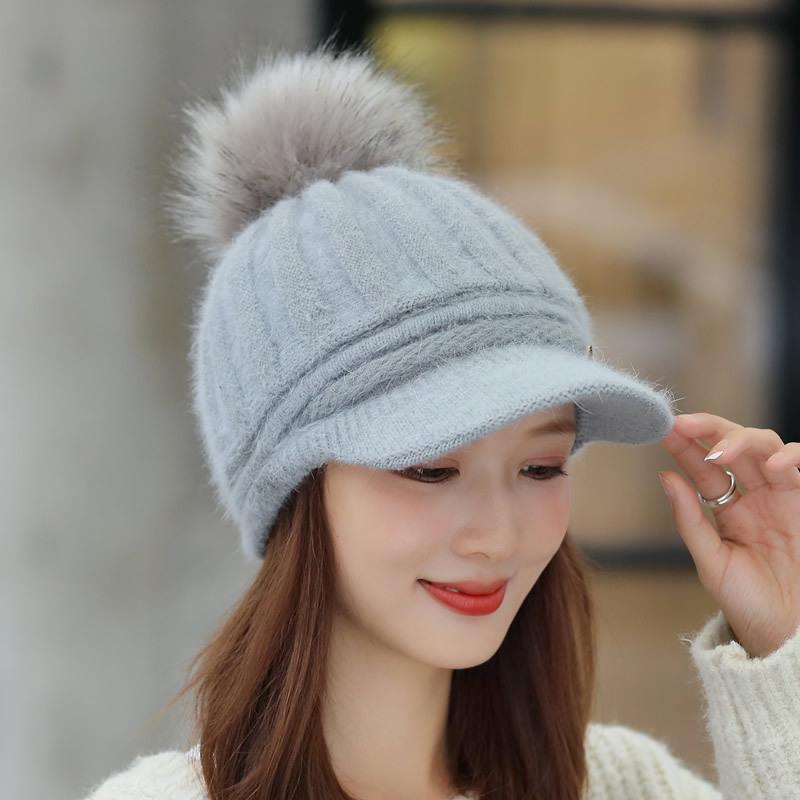 

Вязаная бейсболка из меха кролика в корейском стиле для женщин — однотонная шерстяная зимняя шапка с защитой ушей и бархатной подкладкой. M (56-58cm) серый