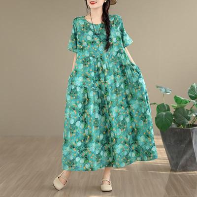 Short Sleeve Plus Size Cotton Vintage Floral New In Dresses for Women Casual Loose Long Summer Dress