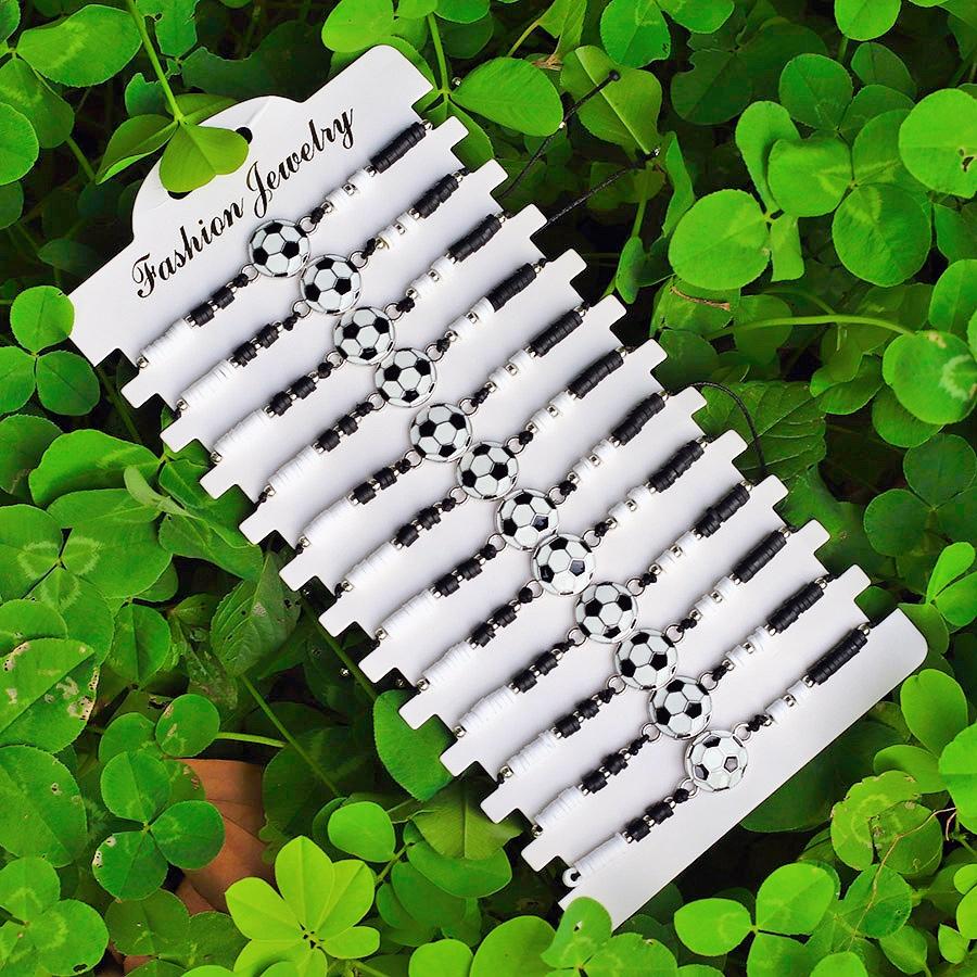

12Pcs/Pack Men Football Bracelet Wholesale Handmade Weaven Poly Clay Braslet Hand Accessories Friendship String Braclet Pulseria