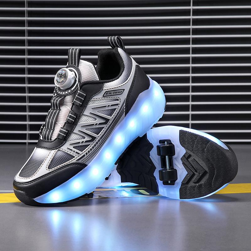 Chaussures de Sport à Lumières pour Enfants Chaussures à Roulettes Chargement et Démontage Chaussures à Roulettes à Quatre Roues LED Baskets Lumineuses pour Enfants