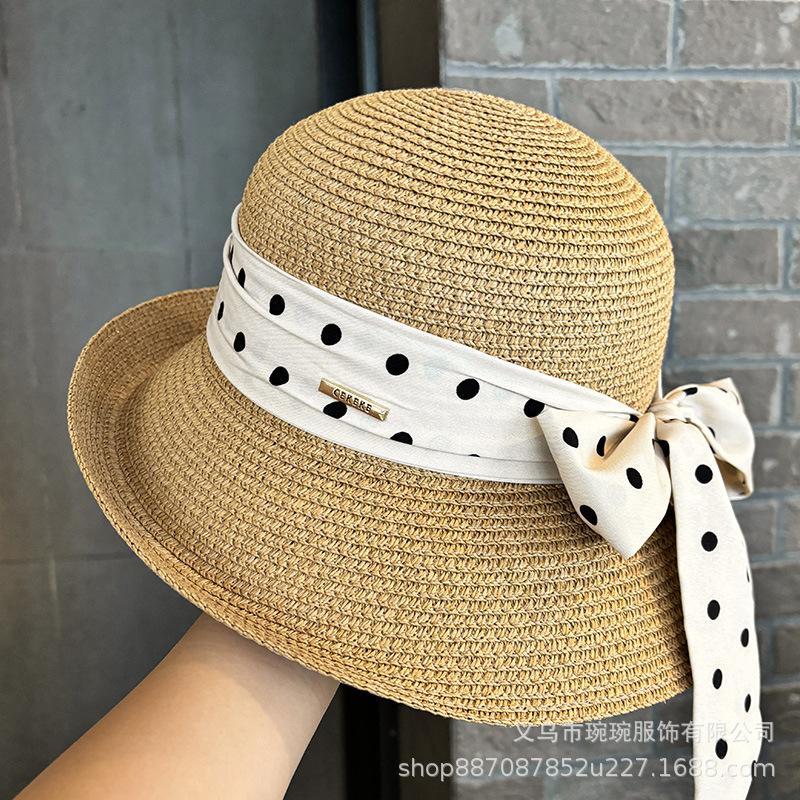 Polka Dot Ribbon Straw Hat Female Travel Beach Hat Summer Large Edge Sunscreen Sun Hat French Edge Sun Hat