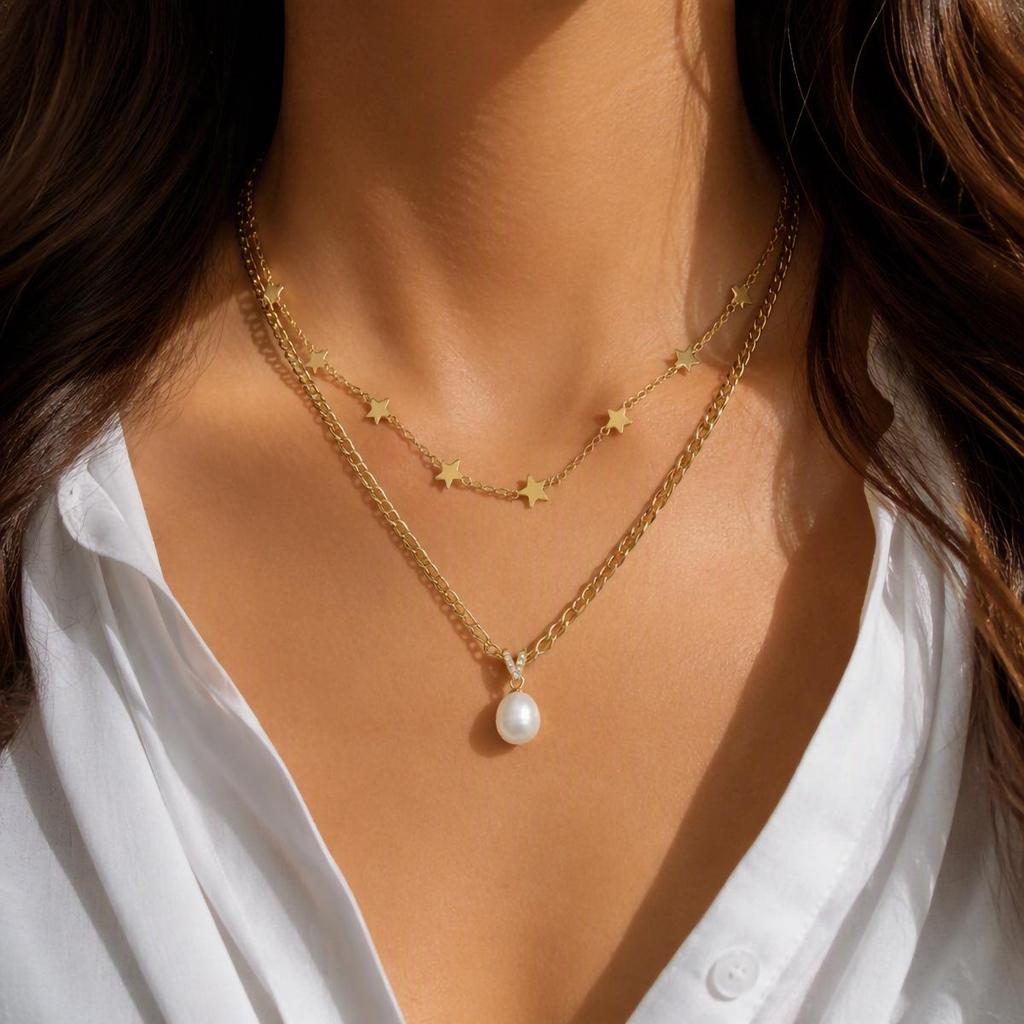 European & American Fashion: Double Layer 18K Gold-Plated Necklace with Star & Freshwater Pearl Pendant - Trendy, Light Luxury Collarbone Chain