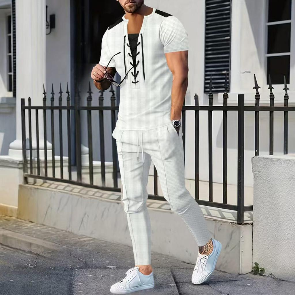 Men's Solid Color Round Neck Drawstring Casual Sports Short Sleeved Trousers Two Piece Suit