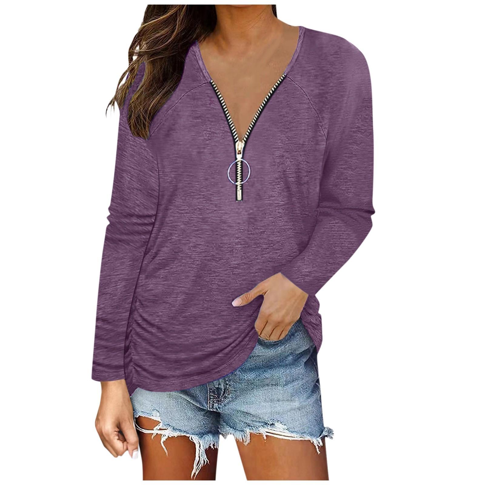 

Женская однотонная плиссированная футболка с длинным рукавом на груди с застежкой-молнией M фиолетовый