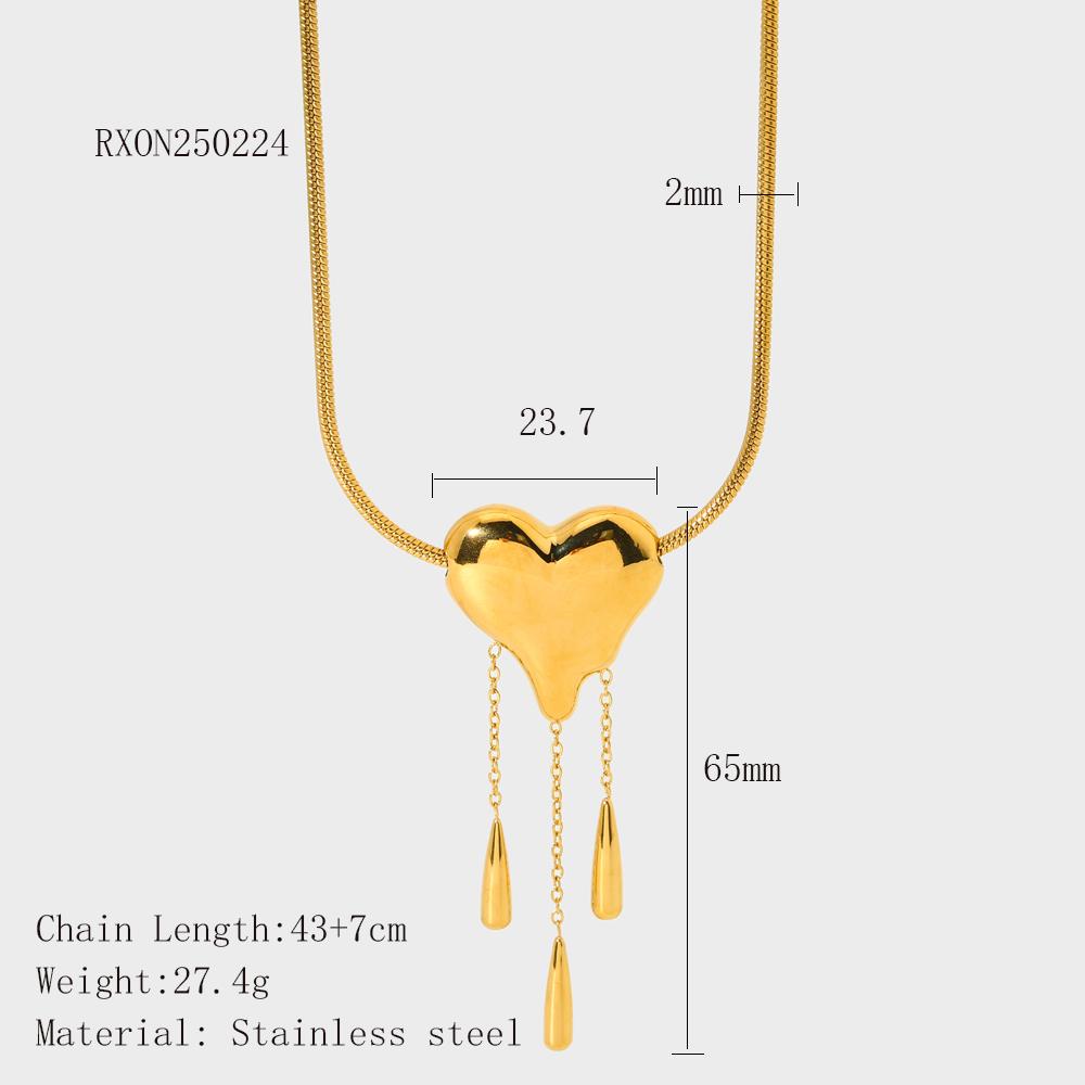 Stainless Steel Three-dimensional Smooth Heart-shaped Tassel Pendant Vacuum Plated 18K Gold Necklace 43+7cm
