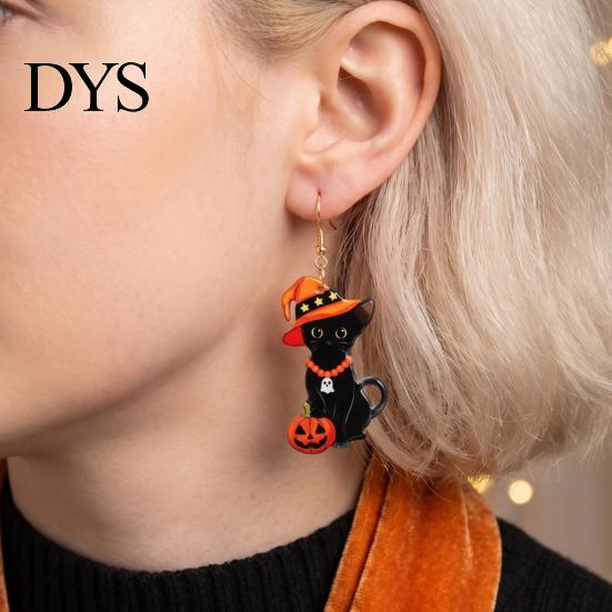 Charming Holiday Gift for Friends 1 Pair Halloween Black Cat Acrylic Earrings Women, Cute Decorative Costume Jewelry Parties with Wizard Hat