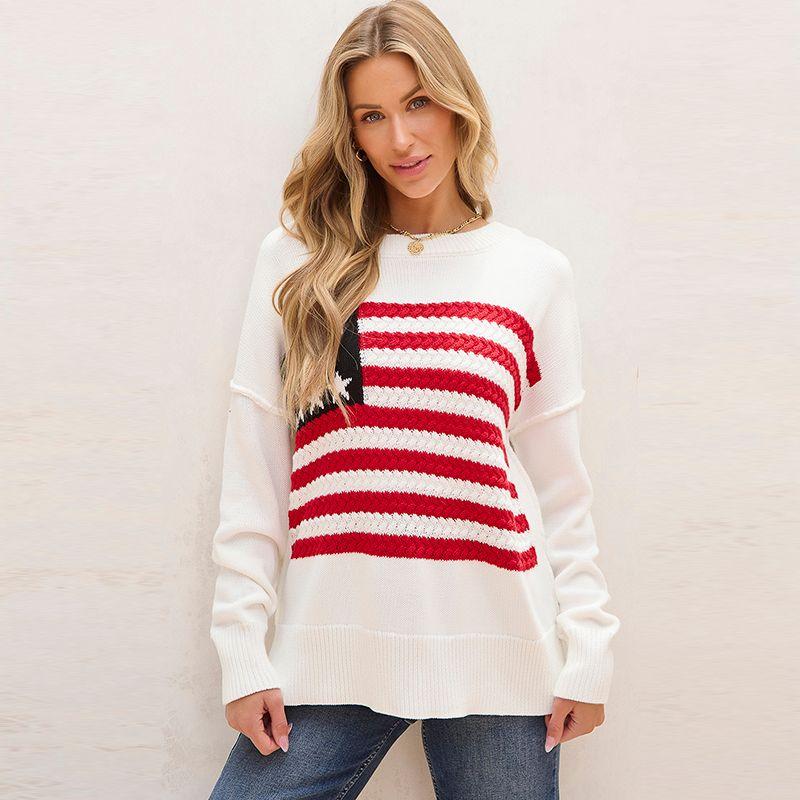 European and American Fashion American Flag Knitted Pullover Women 2025 Winter New Loose All-Match Drop Shoulder Sweater Women