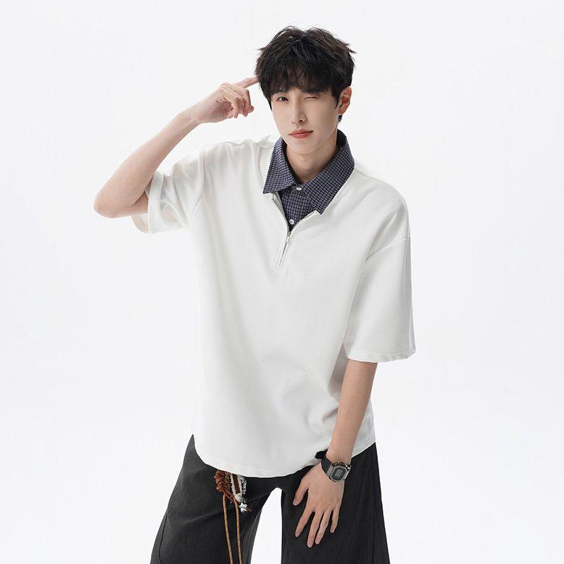 Summer Men's Fake Two Piece Polo Shirt Loose Short Sleeve Casual Top