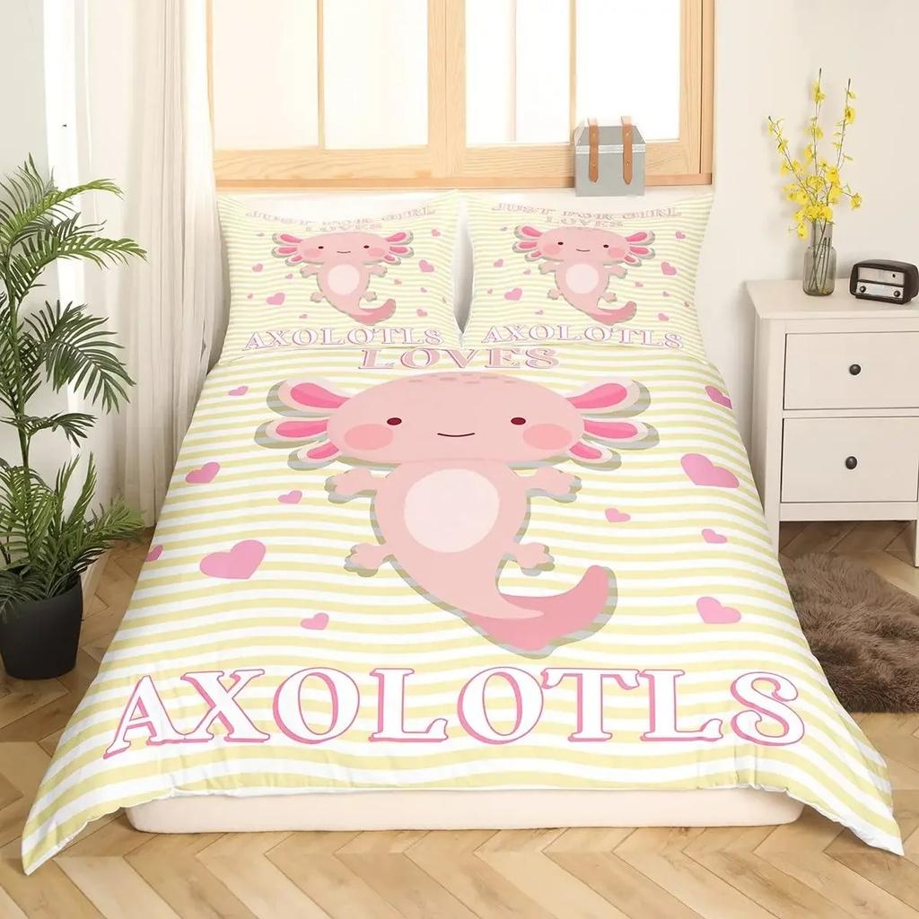 Cartoon Axolotl Duvet Cover Set KingQueen Size Kids Girls Boys Cute Rainbow Sea Wildlife Animal Reptile Polyester Bedding Set