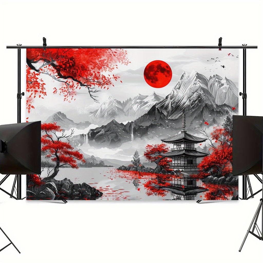 1 Japanese style landscape wall tapestry - Red Maple Leaf and Moon Mountain Flag - Multi functional home and party decoration