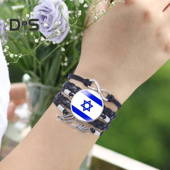 Round Israel Flag Decor Bracelet Multi Layer Adjustable Handmade Bracelet Metal Letter Decor Faux Leather Wristband Jewelry Gift