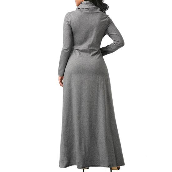 Plus Size Autumn Women Solid Color Cowl Neck Long Sleeve Maxi Dress with Pockets