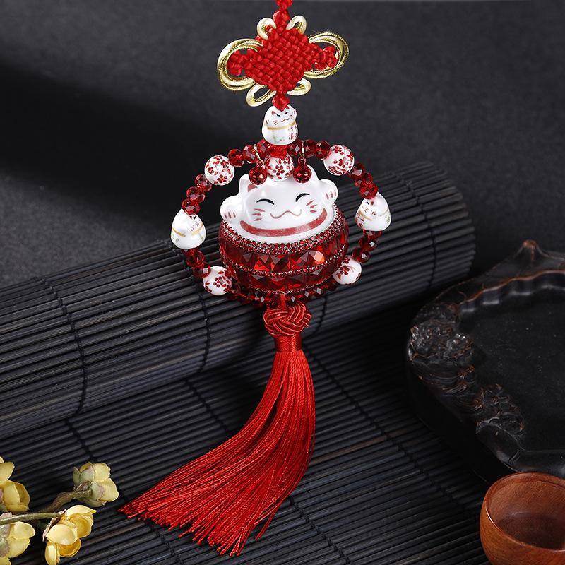 Diamond Studded Lucky Cat Car Pendant Crystal Ceramic Chinese Knot Car Rearview Mirror Suspension Decoration Car Accessories