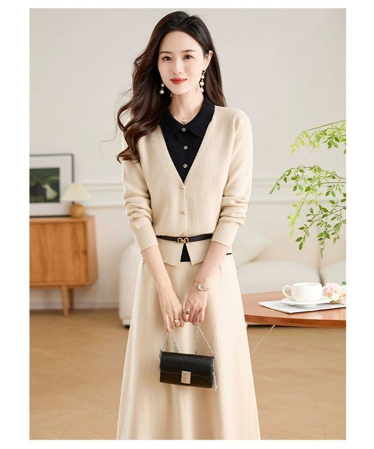 2025 New Autumn & Winter Two-Piece Knitted Patchwork Wool Dress Set - Chic & Stylish