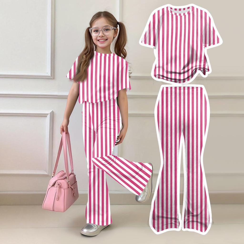 Kids Casual Two Piece Set Short Sleeve Top and Long Pants Striped Print Lightweight Comfortable Outfit for Everyday Wear