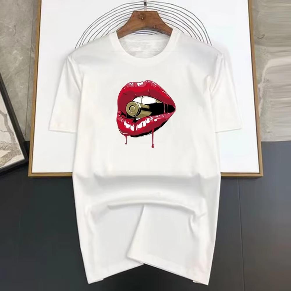 Brand T Shirts for Men Summer Fashion Sexy Lips Bite Bullets Print Shirt Cotton High Quality Woman Clothing Tops Streetwear