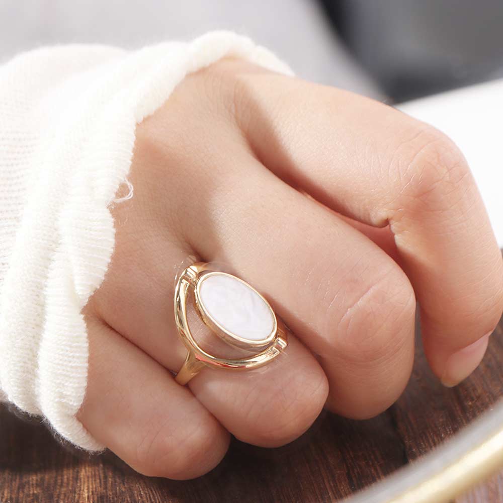 Stainless Steel Geometric Oval Rings Double Sided Rotatable Opal Rings Flippable Rings Women